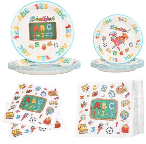 HONMOK 80 Stück Einschulung Geschirr Set Schulanfang Partygeschirr 123 ABC Servietten Pappteller Schulkind Papierteller Tischdeko für Junge Mädchen Schulstart Schuleinführung Party Deko