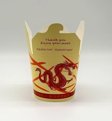 GLOBAL MASTER Asia Food Box AsiaBox mit Dragon Nudelbox Pappe Lunchbox Asia-Dragon-Box,50 Stück, 750ml, 26oz, rund, faltbar