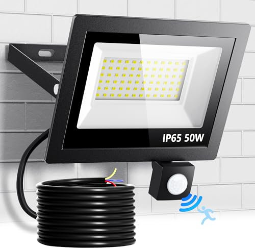 LED Strahler mit Bewegungsmelder Außen, 50W 5000LM 72 LED Beads Fluter, 6500K Kaltweiß Superhell Scheinwerfer Flutlicht, IP65 Aussenstrahler Wasserdicht Wandleuchte für Garten, Garage, Haus, Hof