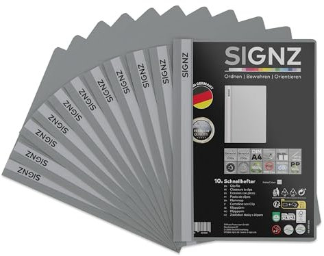 SIGNZ Schnellhefter DIN A4, stabil, 11 Stück, grau, transparenter Deckel, CO2-neutral hergestellt, aus recycelbarem Kunststoff (PP), FSC Mix 70%, made in Germany