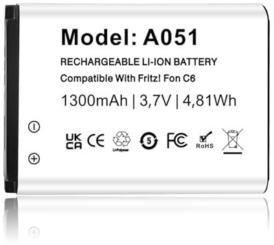 Ersatzakku für AVM Fritz!Fon C6/Telekom A051, Li-Ion Akku kompatibel mit Fon C6 Fon DECT Telekom (Ersatz für FRA051 & A806), 1 Stück