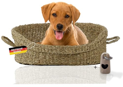 Rohrschneider Hundebett mit Henkel, Gr. 2 (70 x 60 cm) | Von Hand geflochten, Seegras, Verstärkter hoher Rand, Waschbarer Bezug, Für kleine und mittelgroße Hunde