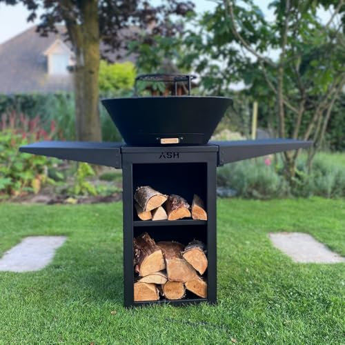 Plancha BBQ Grill Brasero Cheminée de Jardin - ASH Phoenix - Noir - Acier - Plaque de grill - Plancha Outdoor - Grill Ring Plancha 60Ø x 115cm - Extra Large - Barbecue - Brasero - Rangement Bois
