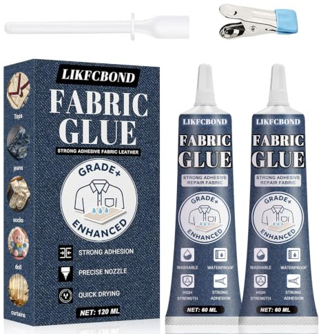 LIKFCBOND Colla per Tessuti, Adesivo per Tessile Extra Forte, Adesivo per Cucire, Colla per Tessile Trasparente Lavabile e Impermeabile per Tutti i Tessuti, Cotone, Denim, Poliestere, Pelle (50ml*2)