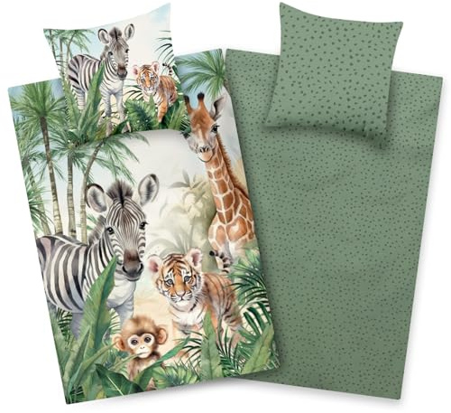 Aminata kids Bettwäsche Zootiere 135x200 Mädchen und Jungen 100% Baumwolle YKK Reißverschluss grün Kinderbettwäsche Dschungel Giraffe Löwe Zebra AFFE