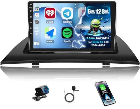 CAMECHO 6+128G 8-Kern Android 15 Autoradio für BMW X3 E83 2004-2010, 9 Zoll Navi Radio mit Bluetooth GPS WiFi Wireless Carplay Android Auto FM/RDS 32EQ DSP Mirror Link +Rückfahrkamera Canbus