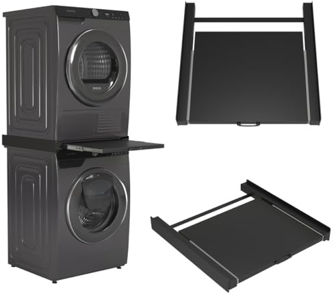 Wasophoogte Marco intermedio para lavadora y secadora – Kit de apilamiento para lavadora y secadora – Marco de conexión universal XL – Color: negro, duradero y ahorra espacio