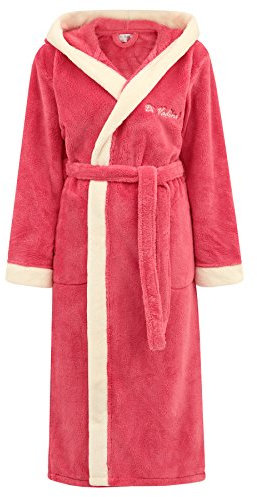 Di Vadini Unisex Herren Damen Bademantel Prato mit Kapuze I Morgenmantel flauschig I Nachtwäsche aus edler Mikrofaser Farbe: Berry/Ecru, Grösse: XS