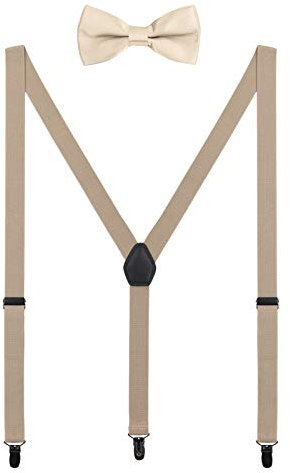 WANYING Damen Herren Hosenträger Fliege Set - 3 Schwarz Clips Y Form 2,5cm Hochelastisch Hosenträger für Herren 150-200cm - Beige