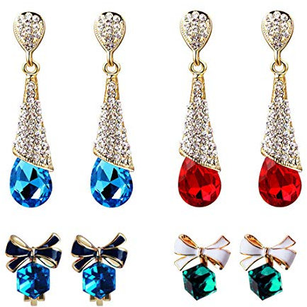Clip On Earrings Set, Non Pierced Earrings Drop/Cubic Crystal Ear Studs Clips Bow for Ladies on Wedding Party and Leisure Wearing(4 Pair)