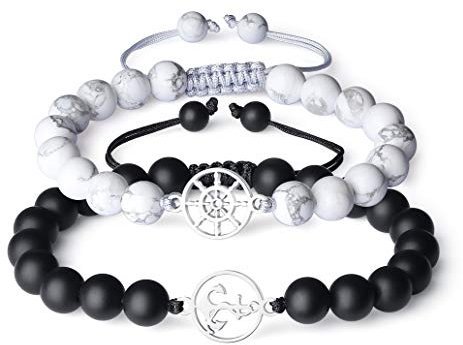 COAI Geschenkideen Partner Armbänder Couple Bracelets aus Howlith und Matt Onyx mit Anker/Ruder Charm Verstellbar