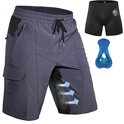 Hiauspor Herren MTB Hose Kurz Gepolstert Mountainbike Hose mit Polster Fahrradhose Herren Atmungsaktiv Radhose Outdoor Schnelltrocknend Radlerhose (Grau,M)