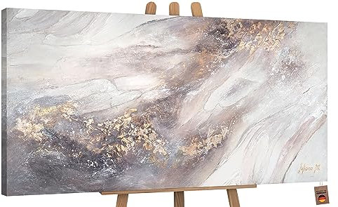 YS-Art Abstrakt Acryl Gemälde auf Leinwand Relax handgemalt Wandbilder Wohnzimmer modern Wohndekor Bilder Büro Praxis creme gold Farben echte Kunst 120x60 cm
