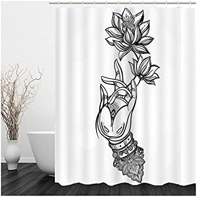 Banemi Duschvorhang Gewicht, Gemusterter Duschvorhang Schwarzgrau Hand Lotus Blume Polyestergewebe 180X180cm für Eck Dusche mit 12 Duschvorhangringen