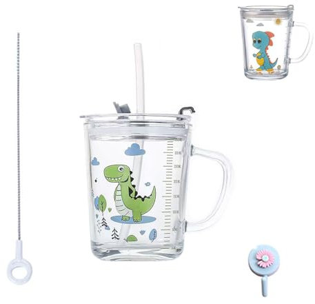 Tasse à Lait avec Paille, Tasse de Lait Tasse avec Paille Silicone Résistant à la chaleur pour micro-ondes, 400ml - Dinosaure