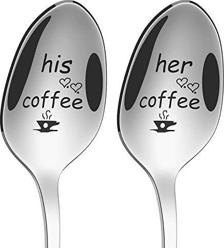 Vinsani 2 Pieces Coffee Engraved Spoons His & Hers Couple Gift Idea Anniversary Wedding Valentines Wife Husband Boyfriend Girlfriend Engagement Stainless Steel Coffee Tea Dessert Silverware