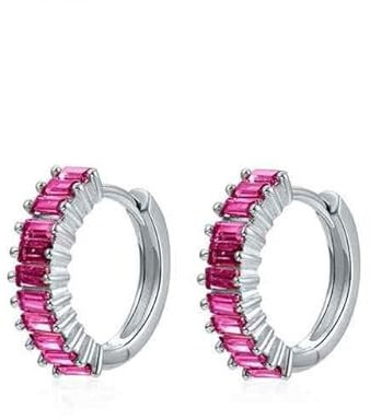 GOLDENCAT Pendientes Magic Plateados, Pendientes Aro Circonitas, Aros Pequeños con Piedras, Argollas Zircon, Aretes, Diámetro aro 15 mm, Grosor del aro 2 mm, Plata de Ley 925, Zircon Rosa