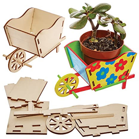 Baker Ross FX584 Wheelbarrow Wooden Flowerpot Kits - Pack of 3, Paint Your Own Plant Pot