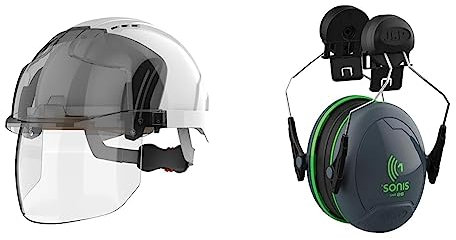 JSP EVO VISTAshield Safety Helmet with Integrated Faceshield - Vented - White/Smoke & Sonis 1 Helmet Mounted Ear Defenders - SNR 26 - (AEB010-0CY-800), Grey/Green,One Size
