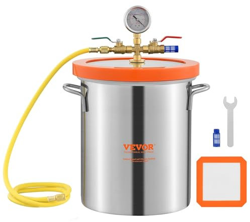 VEVOR Camera a Vuoto da 11,4 L Camera Sottovuoto 3 Gal in Acciaio Inox 304 con Coperchio in Vetro Temperato Camera di Degasaggio Contenitore Vuoto per Degasazione Stabile di Legno Resina Siliconica