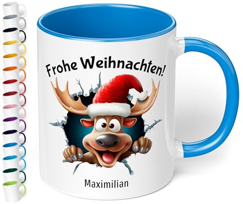 True Statements Weihnachtstasse mit Namen personalisiert „Frohe Weihnachten!“ - mit 3D Rentier-Motiv - 330ml Keramik Kaffeebecher mit Spruch – Geschenk für Kollegen & Familie (Cambridge Blau)