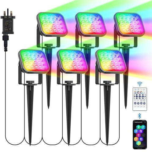 NATPOW Garden Lights Mains Powered, RGB Low Voltage Landscape Spotlights with Bluetooth APP, IP65 Waterproof Color Changing Decorative Pathway Spike Light for Garden, Lawn, Pathway 6-in-1