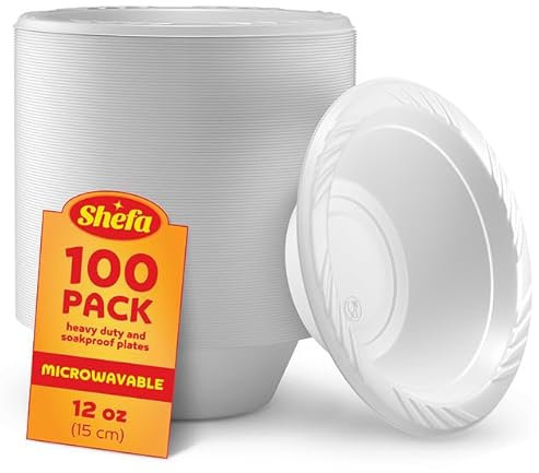 Shefa 100 White 12 oz Bowls - Reusable & Washable Reusable Plate, Heavy Duty Dinnerware, Microwave-Safe Crockery - Ideal for Birthday, Parties, Camping, Catering