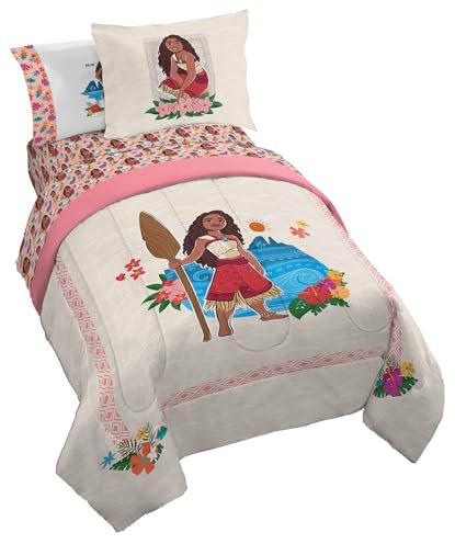 Jay Franco Disney Moana Bettwäsche-Set in voller Größe, 7-teilig, inkl. Bettlaken-Set und Kissenbezügen, superweiches Blumenmuster, Kinderbettwäsche