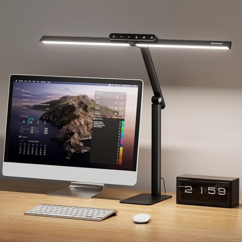 Honeywell LED Tischlampe Schreibtischlampe mit Basis - HJ1BK Sunturalux Augenschonende Architekten Schreibtischlampe für Home Office, 1200LM Computerschreibtischlampe 4 Farbmodi mit Timer, Schwarz