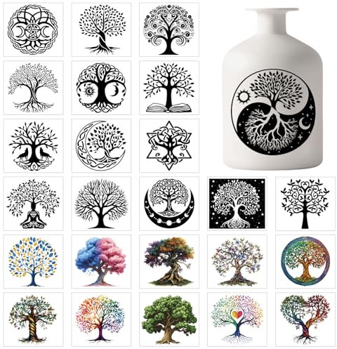 GLOBLELAND 25 Blatt Lebensbaum Bunte Fensteraufkleber Mondphasen Buddha Aufkleber Aus Kunststoff Selbstklebender Laternenglas Aufkleber Für Fenster Lampe Glas Tasse Vase Kunst Heimdekoration