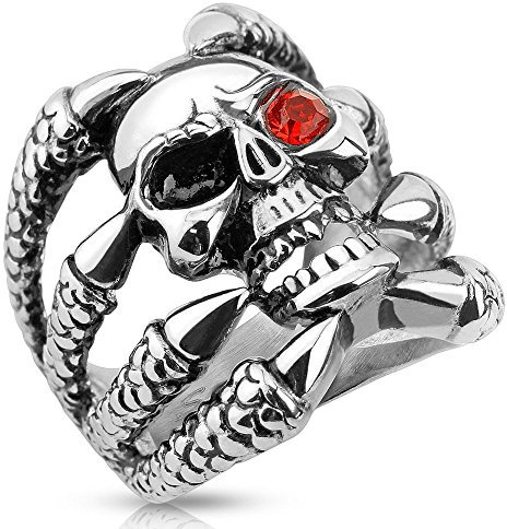 Bungsa 67 (21.3) Ring Totenkopf Silber Herren - TOTENSCHÄDEL mit Klauen Fingerring für Männer - Edelstahl-SCHMUCK Ring für Biker & echte Kerle - Skull Siegelring extra groß, massiv & breit