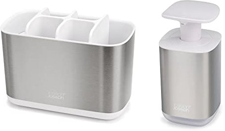 Joseph Joseph Bathroom Beauties - 2-teiliges Waschbeckenset mit großem Zahnbürstenhalter und hygienischem Seifenpumpenspender, Edelstahl
