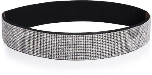 YooAi Strass Elastischer PU Ledergürtel Glänzender Kristall Stretch Taillengürtel Breiter Taillenbund für Frauen Kleid 95cm Schwarz
