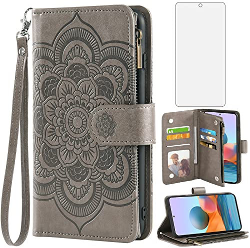 Asuwish Funda para Xiaomi Redmi Note 10 Pro/10Pro MAX con Cristal Templado Protector Pantalla Vidrio Pelicula Protectora Libro Cuero Piel Tarjetero Note10 ProMax M2101K6G Tapa Carcasa Capa Case Gris