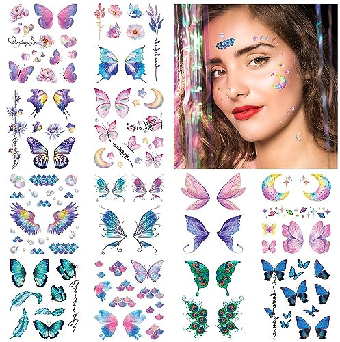 cobee 100 Stück Halloween temporäre Tattoos für das Gesicht, 12 Blatt Glitzer Schmetterlings Fälschungstattoos Aufkleber Bling Metallic Sommersprossen Tattoo Wassertransfer Tattoo (Stil A)