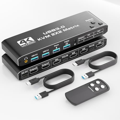 KVM Switch 2 Monitors 2 Computers, HDMI Matrix 4 in 2 Out 4K 60Hz, HDMI KVM Matrix Switch for Dual Monitor, 4 Port HDmi Switcher Splitter Support USB 3.0,HDCP2.3, Hotkey,Extended with Remote Control