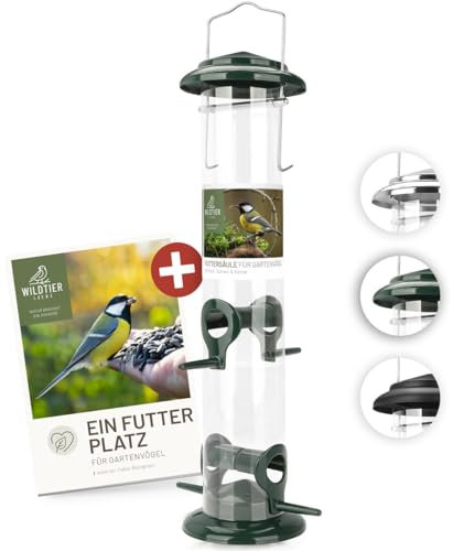 wildtier liebe Körner Futtersäule, Vogelfutterspender 38cm, Grün - aus rostfreiem Metall I Vogel-Futterstation, Vogelfutter-Säule, Wildvögel Futtersilo I Ganzjährige Vogelfütterung