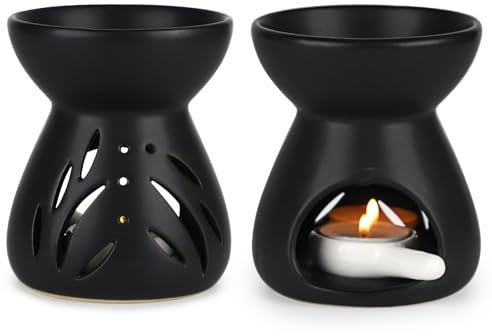 LALAGO 2pcs Lampe à Parfum en Céramique, Brûleur Huile Essentielle avec Cuillère à Bougie, Oil Burner pour Aux Cadeaux de Décoration Intérieure, Diffuseur d'arômes en Forme d'entonnoir(Noir)