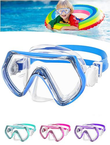 JATEKA Taucherbrille Kinder, Schnorchelmaske mit 180° Panorama-HD-Gehärtetem-Glas, Silikon-Nasenabdeckung, Verstellbarem Silikonband (Blau, 4-10 Jahre)
