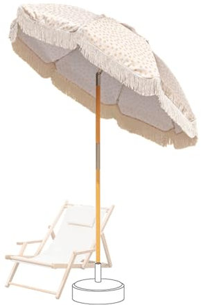 180cm Sombrilla de Patio Boho, Parasol de Playa Madera con Flecos y Inclinable, Protección UV para Jardín, Exterior, Piscina
