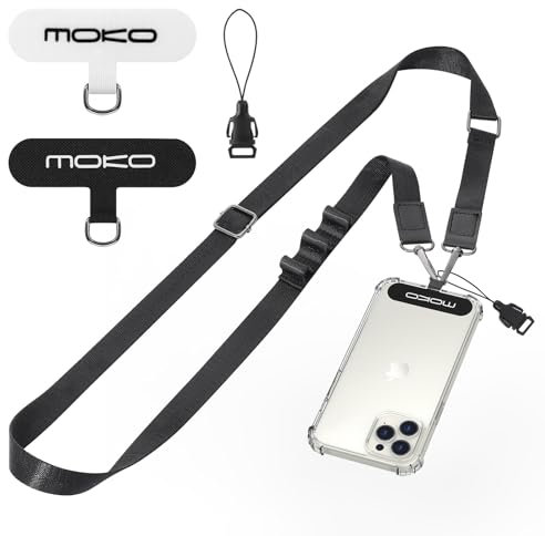 MoKo Universal Telefon Lanyard, Nylon einstellbar Crossbody Telefon Lanyard mit 1× Telefon Strap, 2× Patches, 1× Tether, Hals Handy Lanyard für Männer Frauen kompatibel mit meisten Smartphone, schwarz