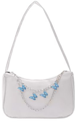 BAUIOREAD 1-teilige Handtasche, kleine Handtasche, kleine Handtasche, Umhängetasche mit Schmetterlingskette, Achseltasche mit Reißverschluss, Geldbörse, einfarbige Damentasche (Weiß)