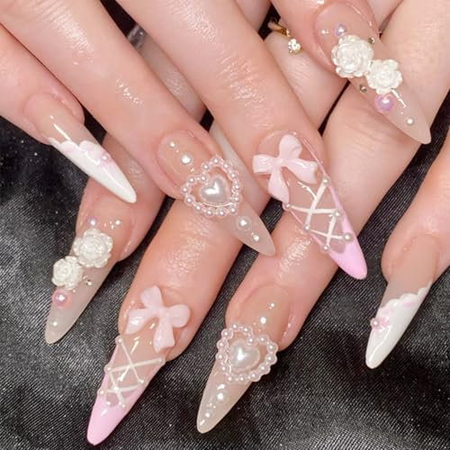 False Nails - 24PCS Long French Press on Nails with Glue - Ballet Flower Bow Stick On Nails with Rhinestones for Women Girls Nail Art Accessories