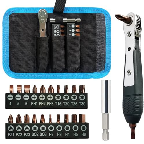BAKESHU Juego de mini destornilladores de trinquete, destornillador de ángulo recto de 1/4 pulgadas, destornilladores de desplazamiento corto con puntas Phillips, ranuradas, Torx, hexagonales,