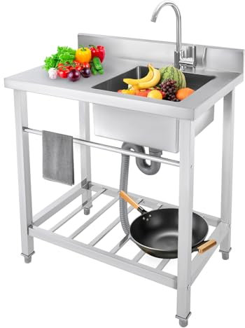 BRRIDE Freistehende Küchenspüle Edelstahl Spültisch mit Warm- und Kaltwasserhahn, Werkbank Spülbecken für Restaurant, Garage oder Waschküche mit Arbeitsfläche, 80x55x84cm (Rechts Spüle)