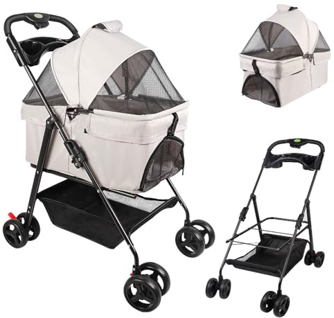 XANNI 2-in-1 Kinderwagen, faltbar, für Hunde, Katzen, mit Aufbewahrungskorb und Becherhalter, Rad mit Bremse, Tragfähigkeit 20 kg für kleine Hunde und Katzen (weiß)
