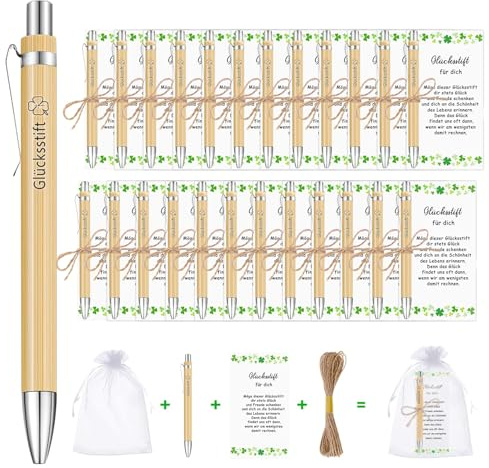 JINYJIA 24 Sets Glücksstift Kugelschreiber mit Karte Organzabeutel Spruch, Holz Stift Geschenke für Mitarbeiter, Kollegen, Freunde