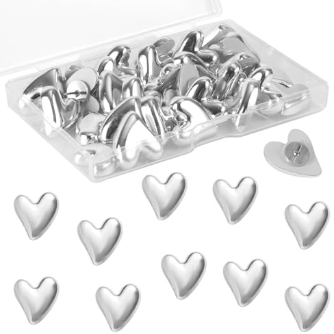 36 Stück Herz Push Pins, Niedrige Dekorative Reißzwecken für Korkboard Schwarzes Brett Wand Home Office Poster Fotos Postkarten Karten Befestigung (Silber)