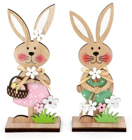 Mizijia Osterhasen Holz Deko 2er Set – Osterkaninchen Aufsteller Mit Stabiler Stand, Osterdekoration für Tisch Wohnzimmer Büro Balkon. (Vorderansicht)