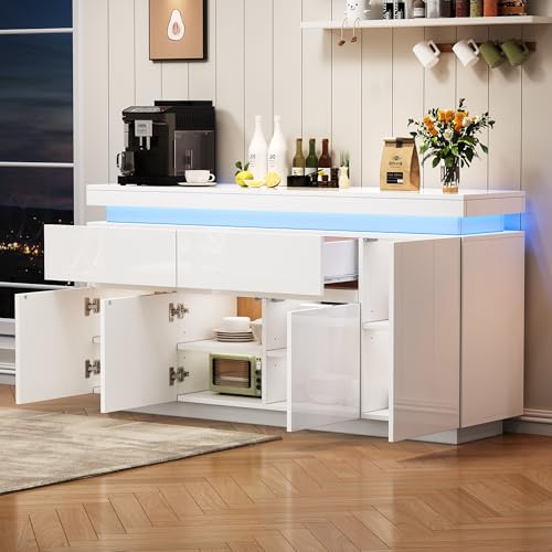 Ojjxh Sideboard Küchenschrank mit LED Streifen und 2 Schubladen, Kommode Aufbewahrungsschrank mit 4 Türen, Weiß Modern Hochglanz Buffetschrank mit Verstellbares Stauraum Ablage, 140x35x72,5 cm
